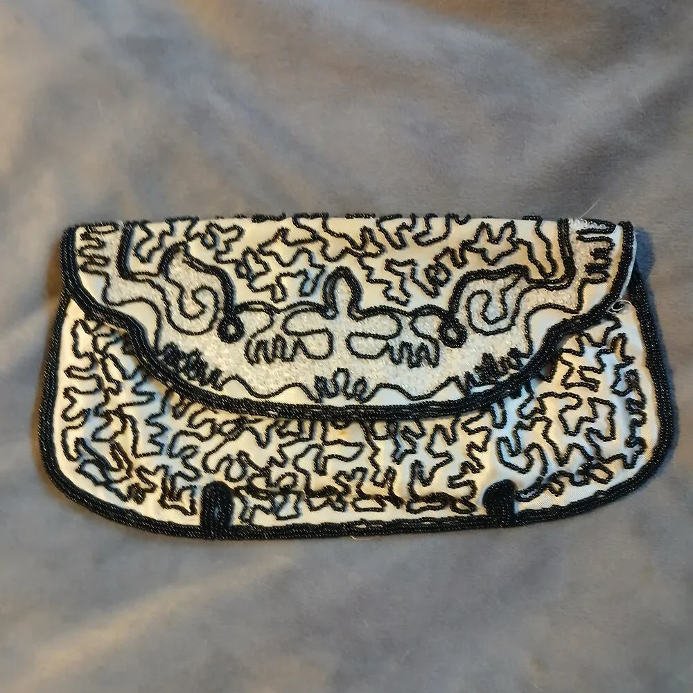 Vintage Women's Fabric White Clutch Abstract Black Beading